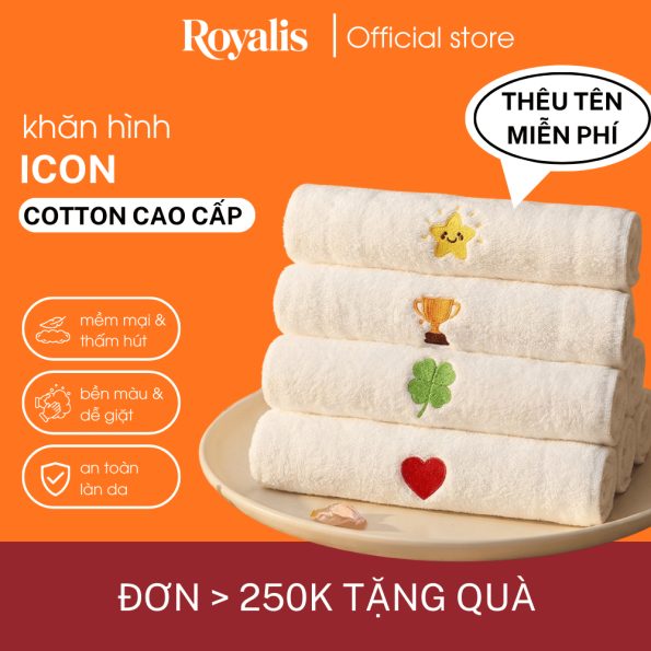 (Thêu tên) Khăn thêu hình icon, trái tim, cỏ 4 lá